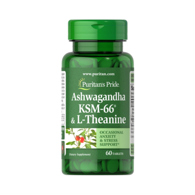 Puritans Pride Ashwagandha KSM-66 & L-Theanine Dietary Supplement, 60 Tablets #25745