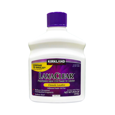 Kirkland Signature Laxa Clear Polyethylene Glycol 3350 Powder, Osmotic Laxative, Unflavored & Grit Free NET WT 29.9 OZ (850g)