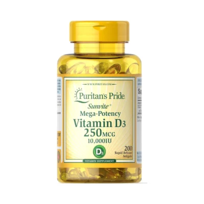 Puritans Pride Vitamin D3 250mcg (10000 IU) 200 Softgels #17247