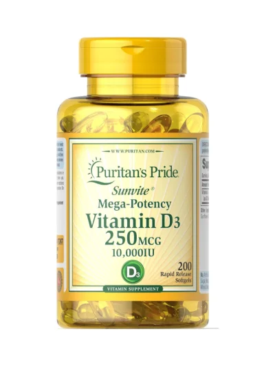 Puritans Pride Vitamin D3 250mcg (10000 IU) 200 Softgels #17247