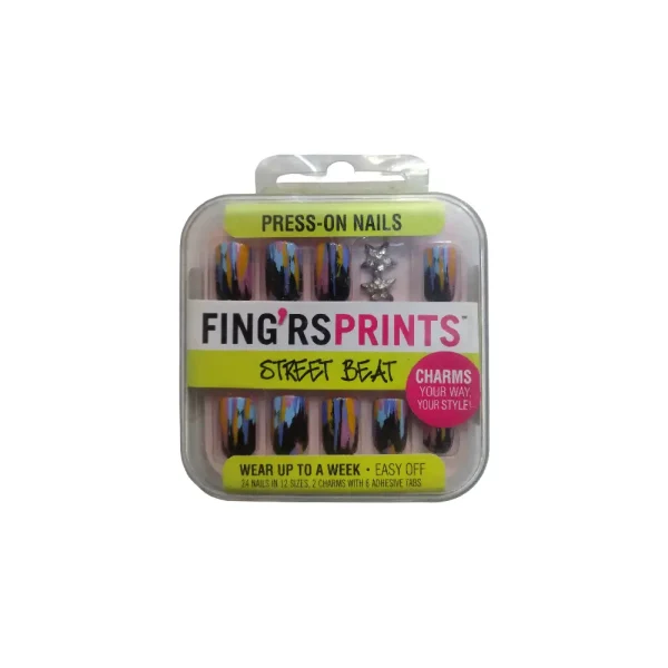 Fingrs Prints Press-On Nails, Street Beat 24 Nails 12 Sizes, 2 Charms with 6 Adhesive Tabs #022014